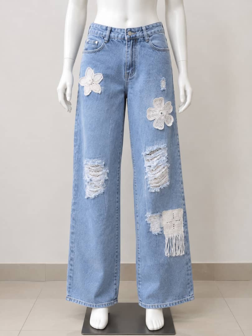 Badfriend, black panter and blue embroidry unisex jeans